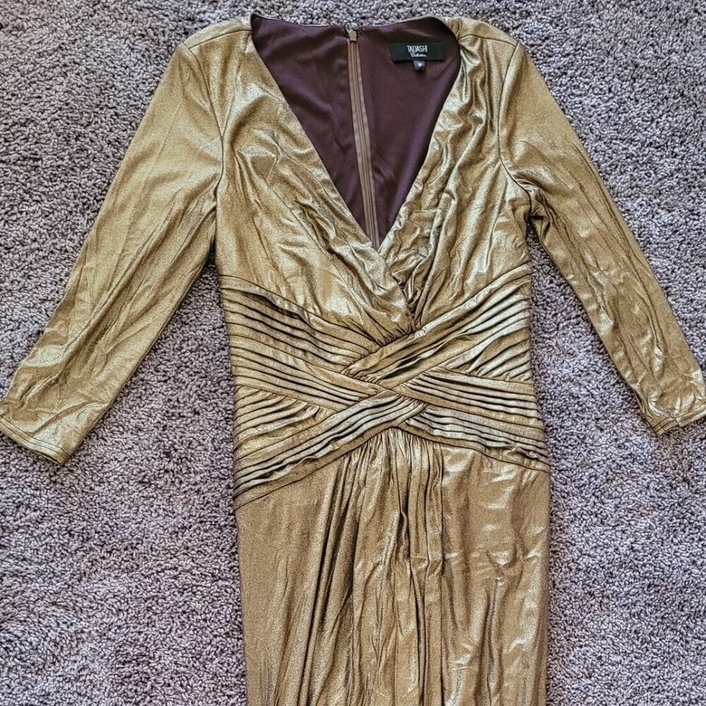 Tadashi Shoji long-sleeve asymmetrical ruched gown in metallic